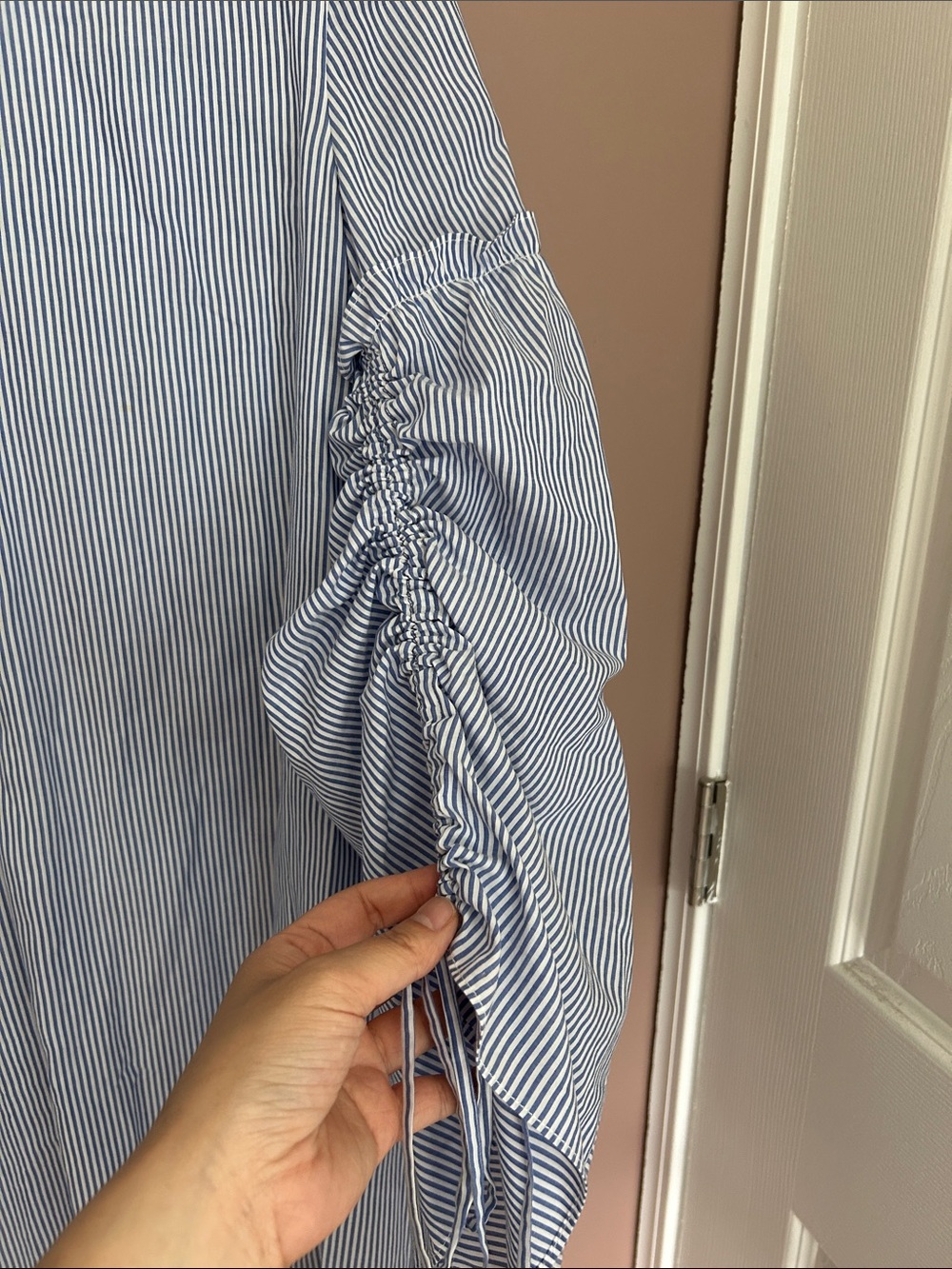 Tibi Elliot Striped Cotton Trapeze Dress Blue White Bell Sleeve Ruched Size 4 - Picture 6 of 14